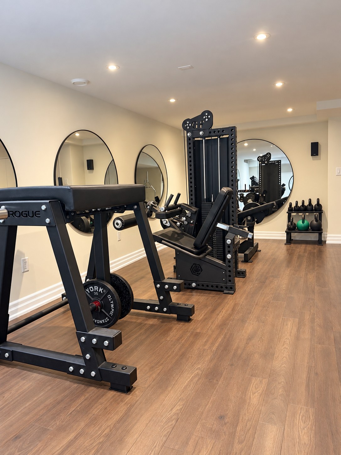 Rogue strength equipment and a kettlebell rack along the mirrored wall of Mandy's studio